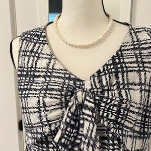 Oscar de la Renta Silk Tiered Front Bow Front V-Neck Sleeveless Black Grey Check